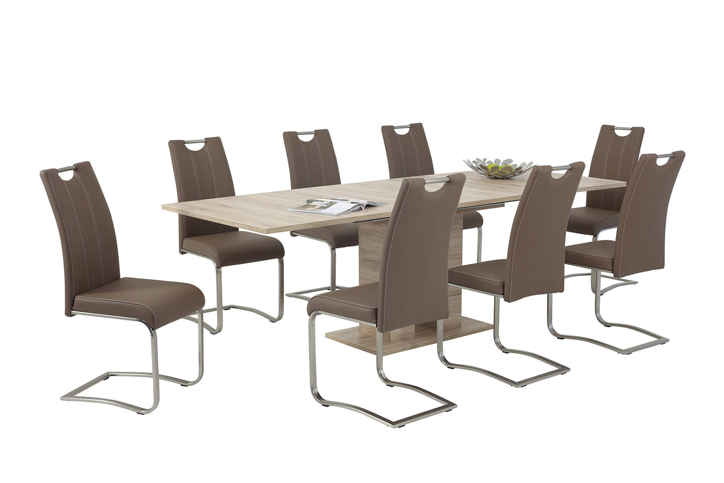 Table Coulissante Avec Piètement À Colonnes, Matériau Dérivé Du Bois Avec Revêtement En Mélamine, Décor Chêne San Remo, Extensible Avec Coulisse Synchrone 140-220 x 90 cm