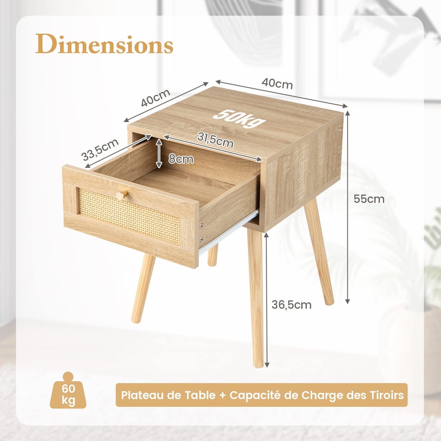 Table de Chevet en Rotin, Table de Nuit Bois avec Tiroir et 4 Pieds en Pin, Chevet de Lit pour Chambre, Salon, Style Naturel, 40 x 40 x 55 cm