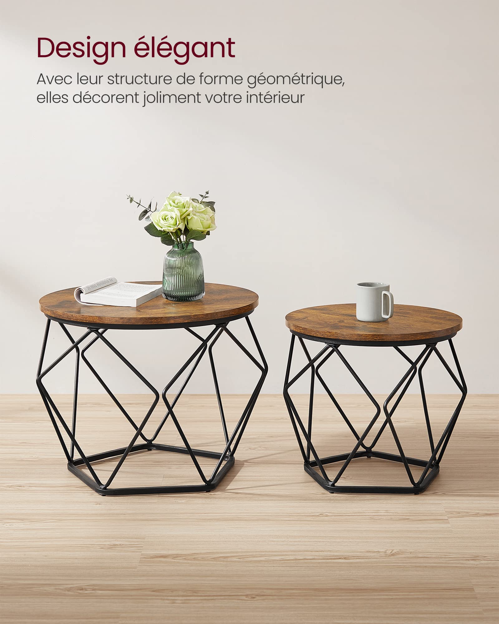 Table Basse Ronde, Lot de 2, Table d’Appoint, Bout de CanapÉ, Style Industriel, Plateau Amovible, Cadre en Acier, pour Salon, Marron Rustique et Noir LET040B01 - TABLE BOIS