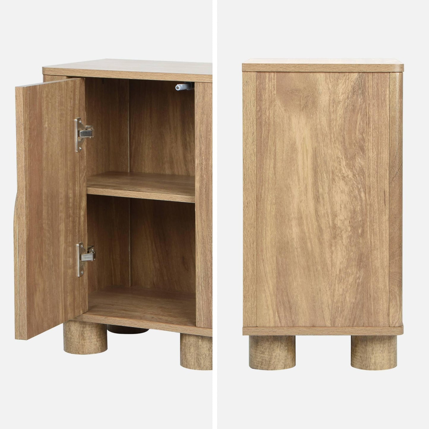 Lot de 2 Tables de Chevet Effet Bois de manguier et Pieds arrondis. 1 Porte et 1 étagère