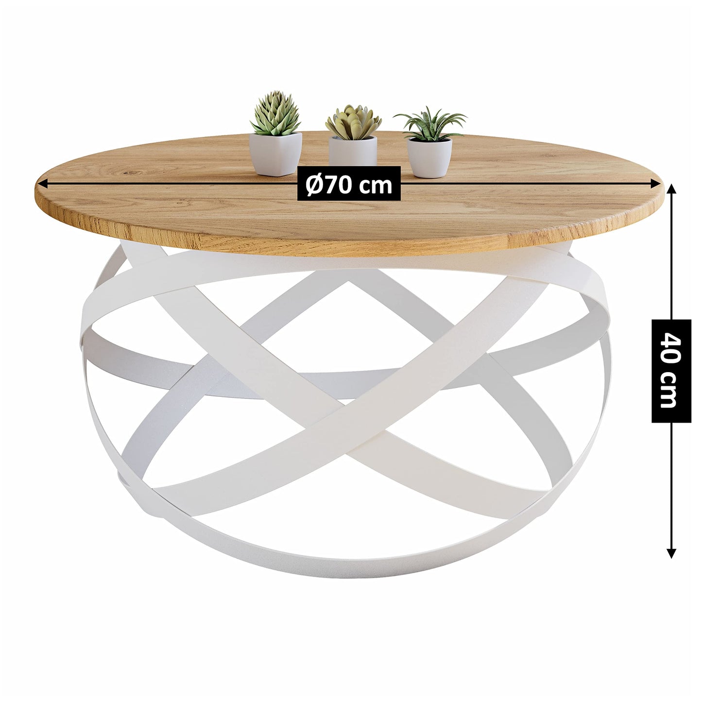 Table Basse de Salon Faite à la Main au Design Moderne, Ronde (Bois Massif de Chêne, Blanc, Ø70x40 cm) - TABLE BOIS