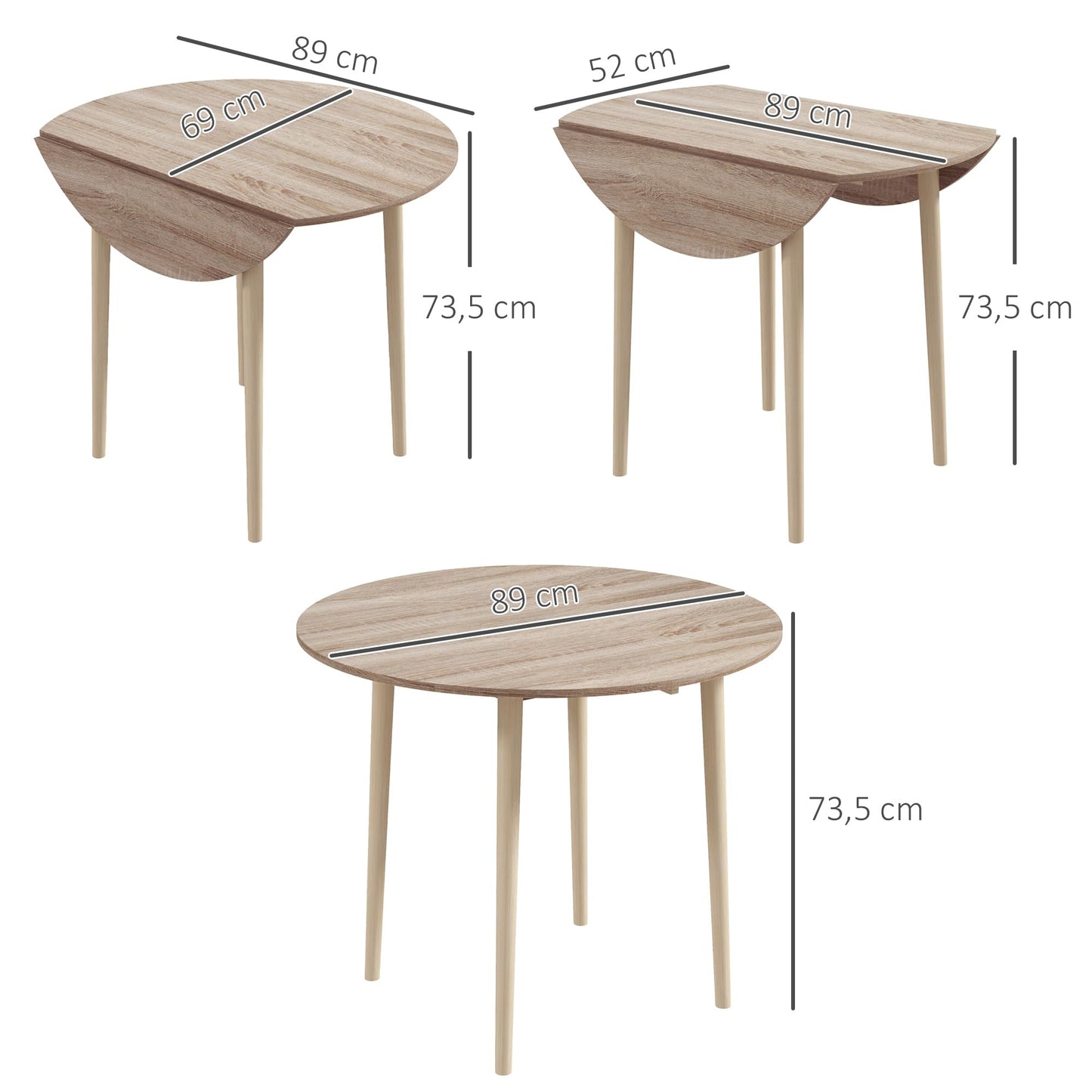 Table de Salle à Manger Pliante de Cuisine 2 abattants - Table Ronde Extensible - Peu encombrante avec Pieds en Bois Ø89 x 73,5H cm - TABLE BOIS