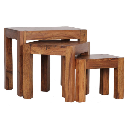 Lot de 3 Tables gigognes Mumbai en Bois Massif sheesham Table de Salon Table d'appoint Style Maison de Campagne en Bois Naturel Marron foncé