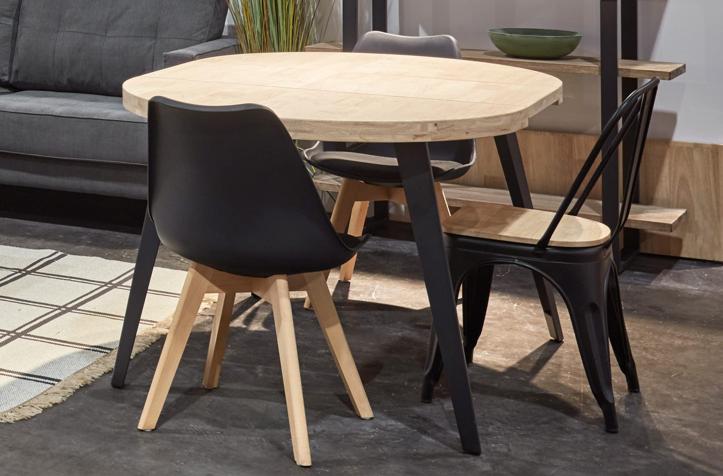 Table à Manger Ronde Extensible en Bois Coloris chêne Nordique Pieds Noir - diamètre 100-180 x Hauteur 76 cm