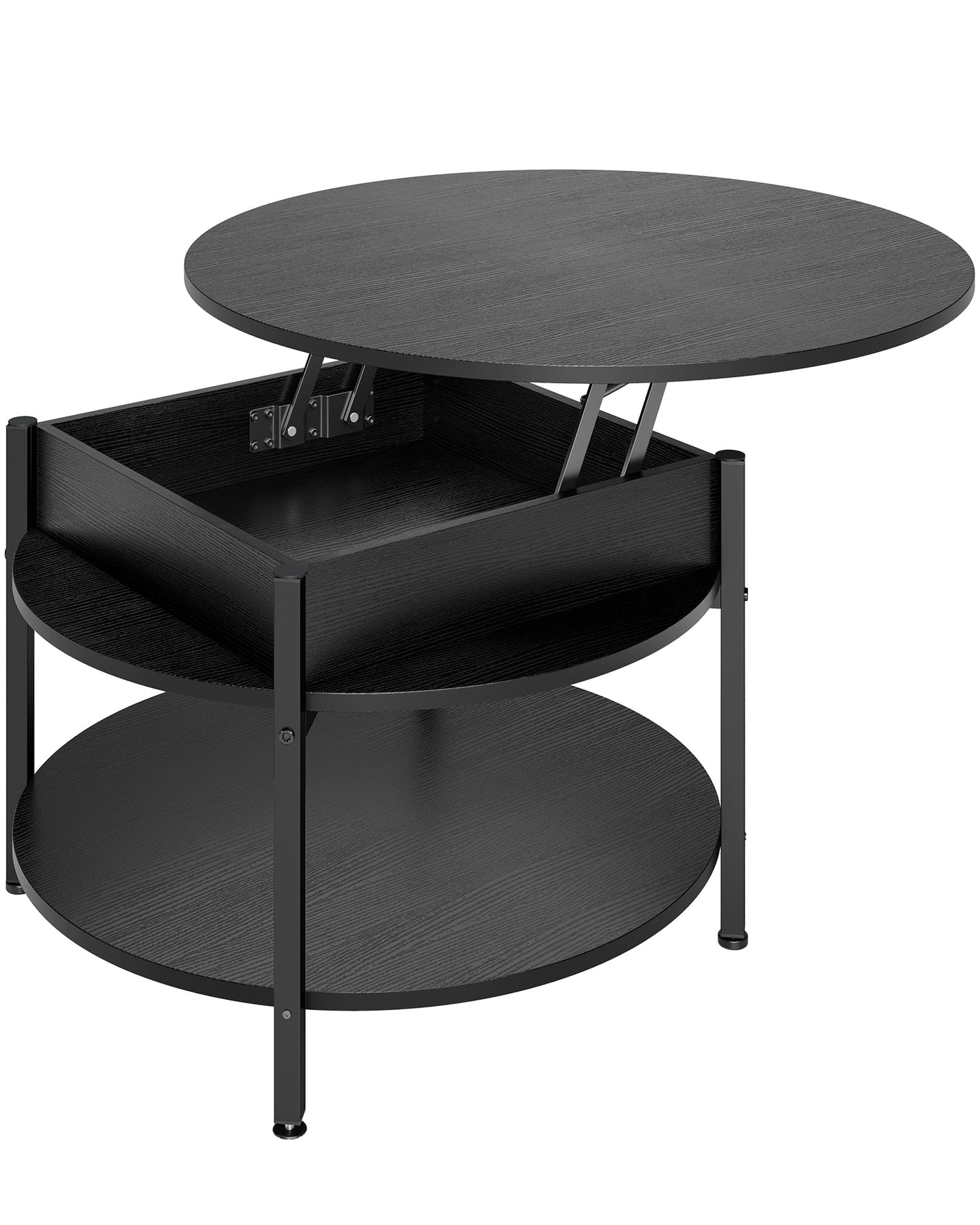 Table Basse Relevable, Table de Salon avec Compartiment Caché et Étagère de Rangement, Table Basse Plateau Relevable, Table à Manger Ronde en Bois, pour Salon, Bureau, Balcon, Noir - TABLE BOIS