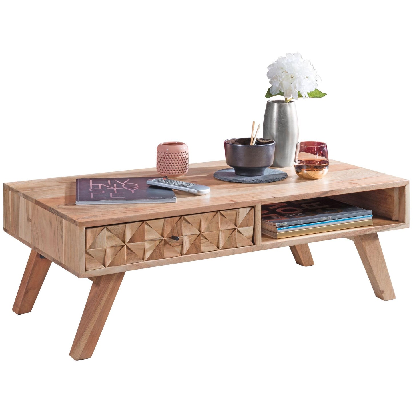 Table Basse Bois Massif Acacia Table de Salon 95 x 35 x 50 cm | Table d'appoint Style Maison de Campagne | Meubles en Bois Naturel Table de Sofa | Table en Bois Massif Meubles en Bois Massif