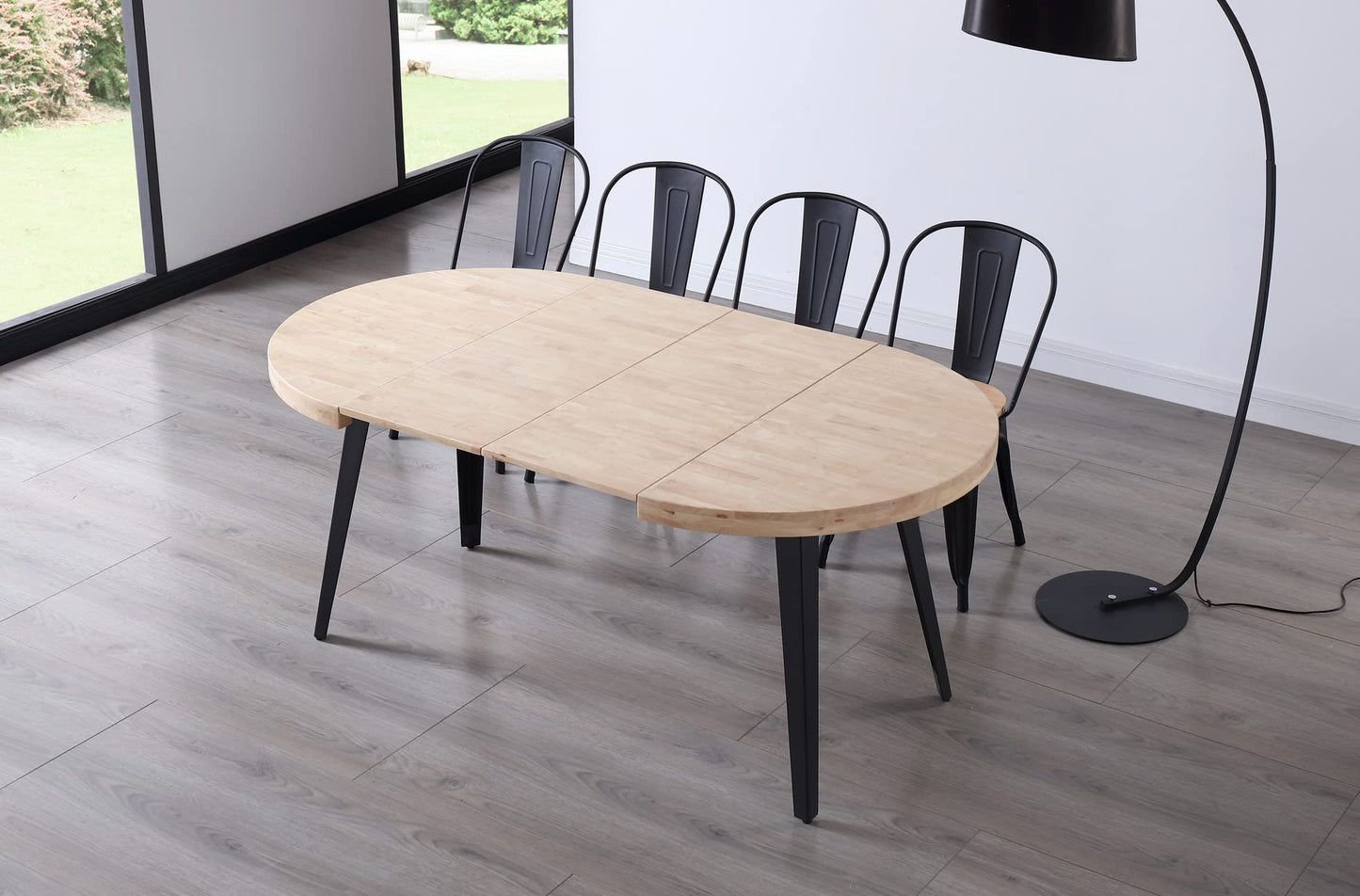 Table à Manger Ronde Extensible en Bois Coloris chêne Nordique Pieds Noir - diamètre 100-180 x Hauteur 76 cm