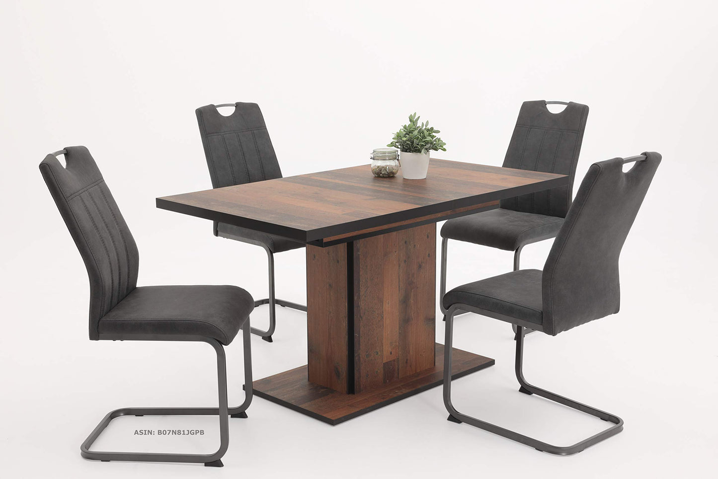 Table À Piètement En Colonne Pour Salle À Manger, Matériau Dérivé Du Bois Avec Revêtement En Mélamine, Décor Bois Vieilli, Extensible, 120-160 x 80 x 76 cm