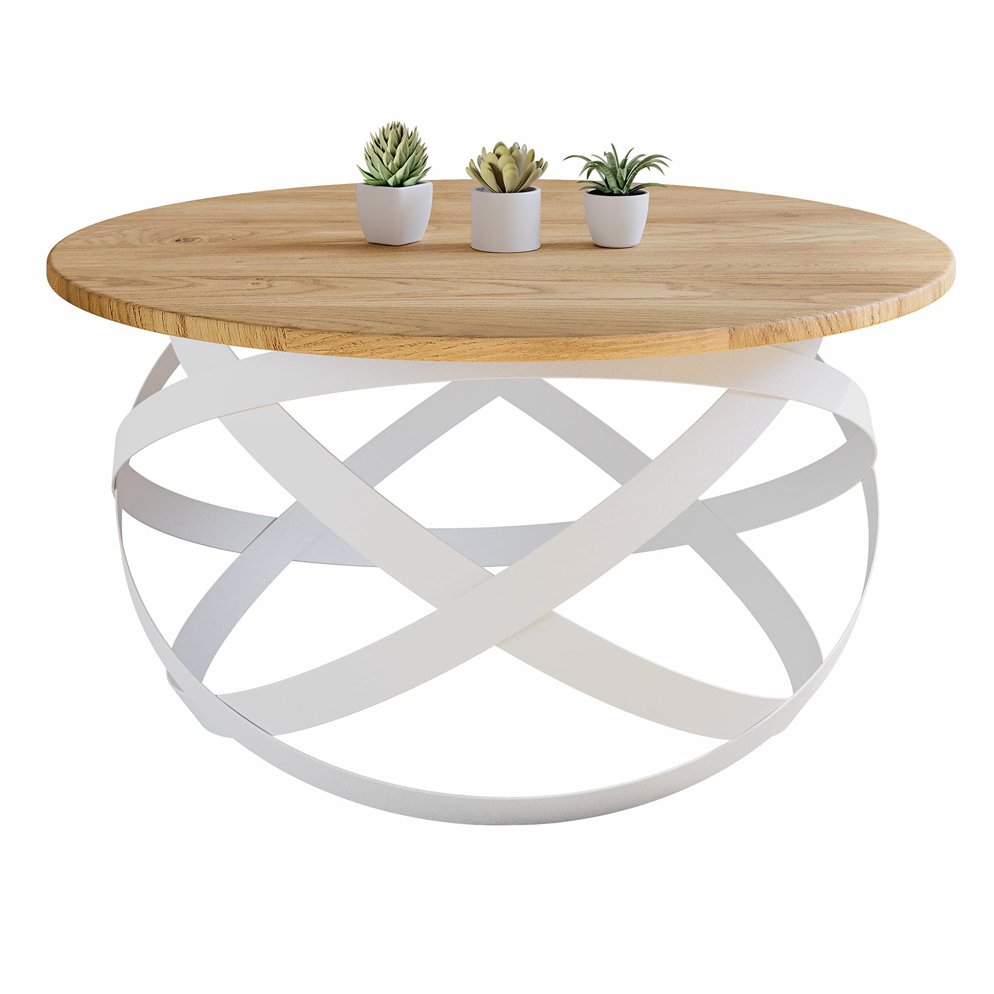 Table Basse de Salon Faite à la Main au Design Moderne, Ronde (Bois Massif de Chêne, Blanc, Ø70x40 cm) - TABLE BOIS