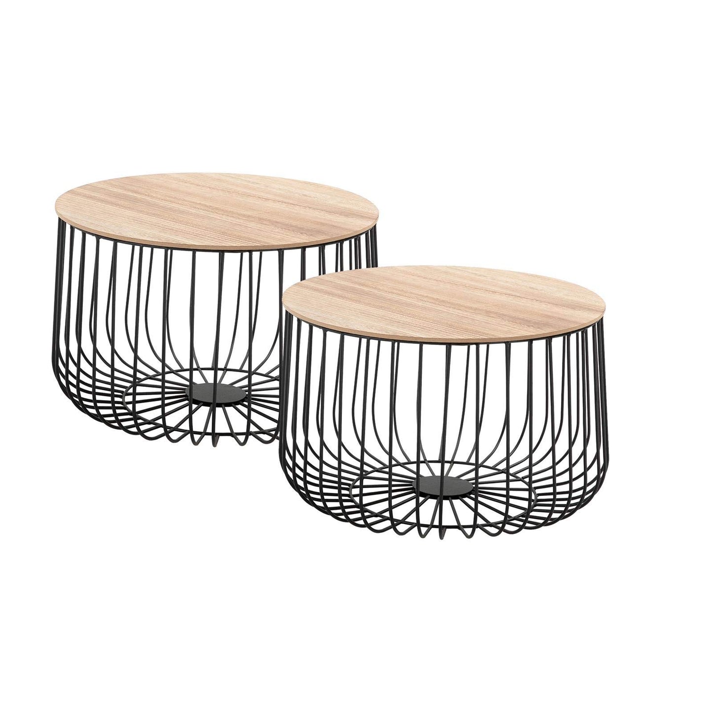 Lot de 2 Tables d'appoint Tables à café Tables Basses Rondes Bouts de canapé Design Vintage Industriel, Rangement Panier en métal avec Plateau Amovible en MDF décor Bois Naturel - TABLE BOIS