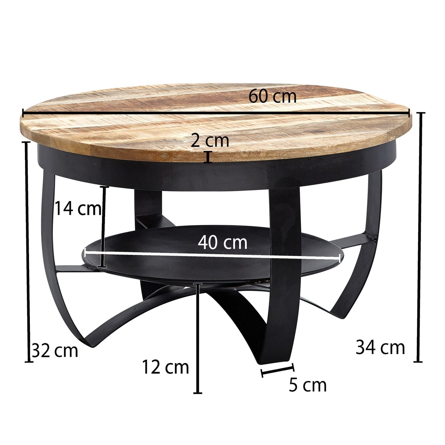 Table Basse Mango en Bois Massif/Metal Noir 60 x 34 x 60 cm | Table d'appoint de Style Moderne | Table de Salon Rond - TABLE BOIS