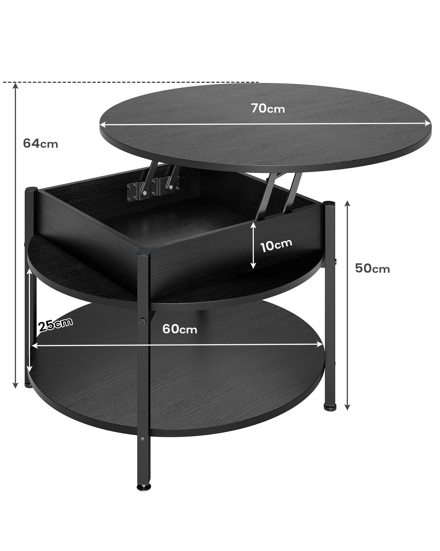 Table Basse Relevable, Table de Salon avec Compartiment Caché et Étagère de Rangement, Table Basse Plateau Relevable, Table à Manger Ronde en Bois, pour Salon, Bureau, Balcon, Noir - TABLE BOIS