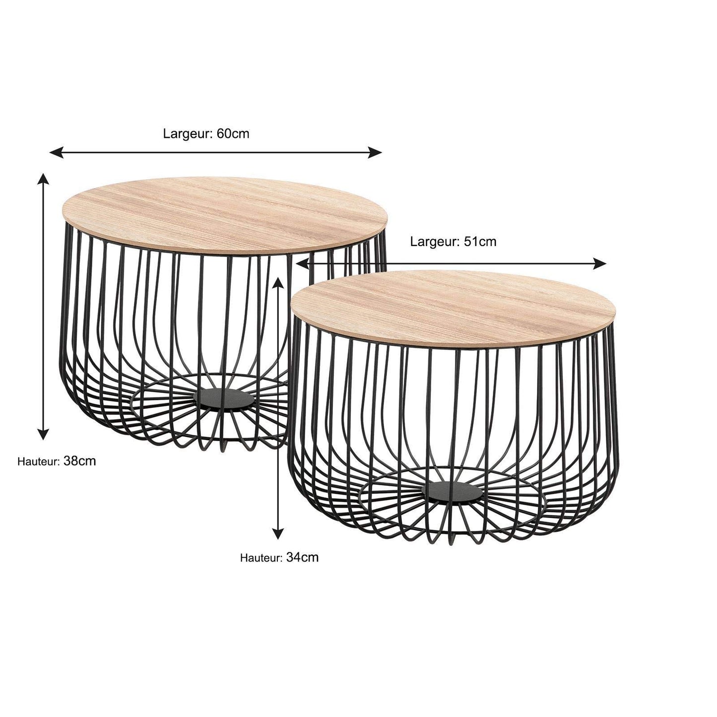 Lot de 2 Tables d'appoint Tables à café Tables Basses Rondes Bouts de canapé Design Vintage Industriel, Rangement Panier en métal avec Plateau Amovible en MDF décor Bois Naturel - TABLE BOIS