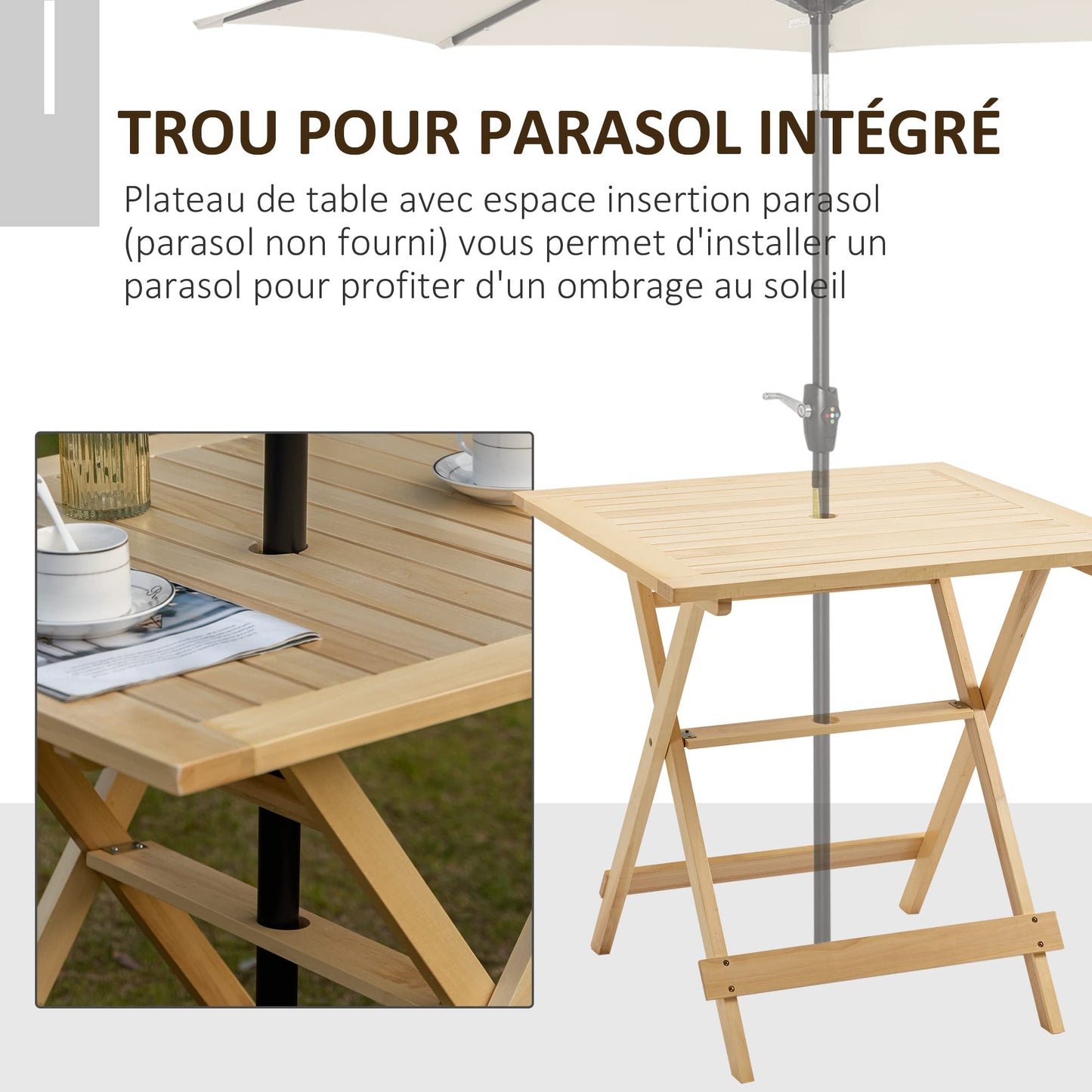 Table à Manger de Jardin Pliable Table Bistro carrée Table Patio terrasse avec Trou pour Parasol Bois de peuplier dim. 70L x 70l x 70H cm Naturel