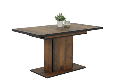 Table À Piètement En Colonne Pour Salle À Manger, Matériau Dérivé Du Bois Avec Revêtement En Mélamine, Décor Bois Vieilli, Extensible, 120-160 x 80 x 76 cm