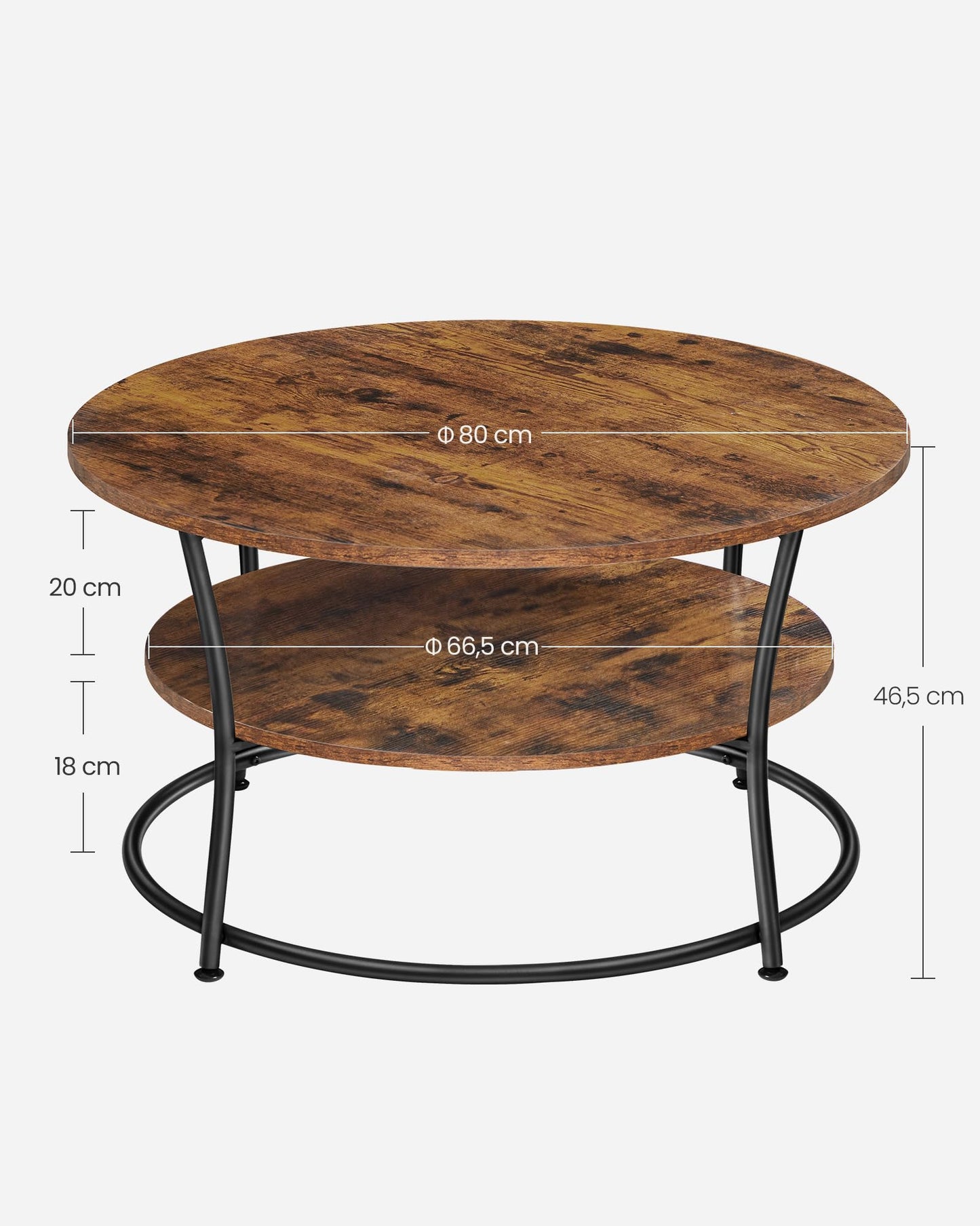 Table Basse, Table Ronde, Table de Salon avec Étagère de Rangement, Montage Facile, Cadre en Métal, Style Industriel, Marron Rustique et Noir LCT80BX - TABLE BOIS