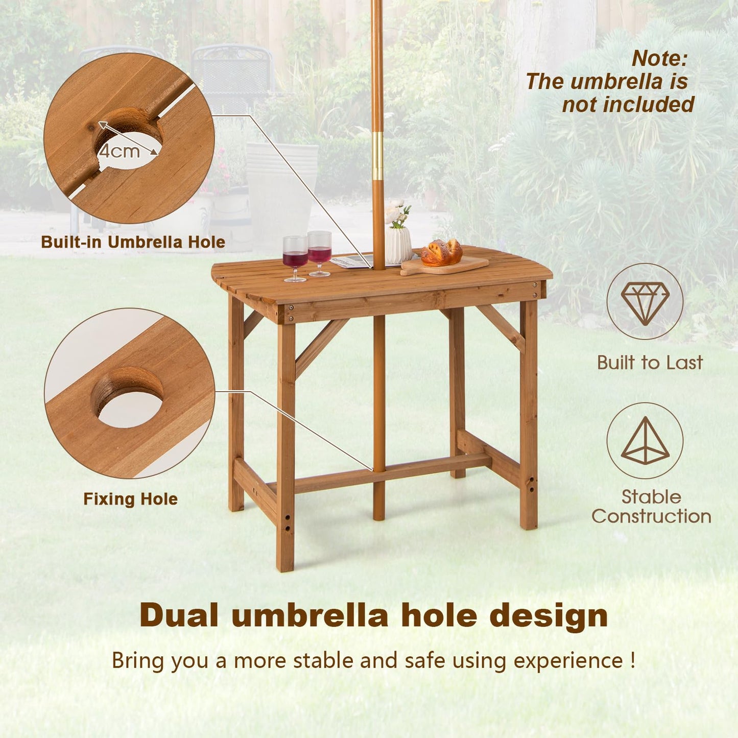 Table de Jardin pour 4-6 Personnes, Table d’Extérieur en Bois de Sapin avec Trou de Parasol, pour Patio, Balcon,Terrasse, Charge de 180 kg, 100 x 60,5 x 75 cm, Naturel