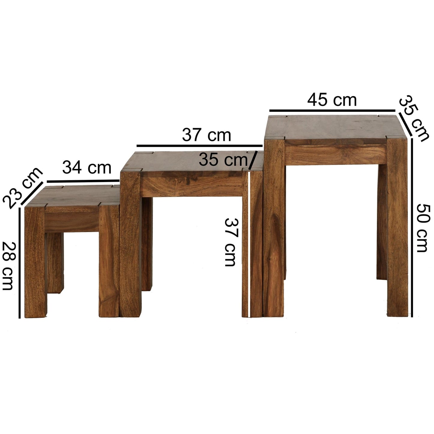 Lot de 3 Tables gigognes Mumbai en Bois Massif sheesham Table de Salon Table d'appoint Style Maison de Campagne en Bois Naturel Marron foncé