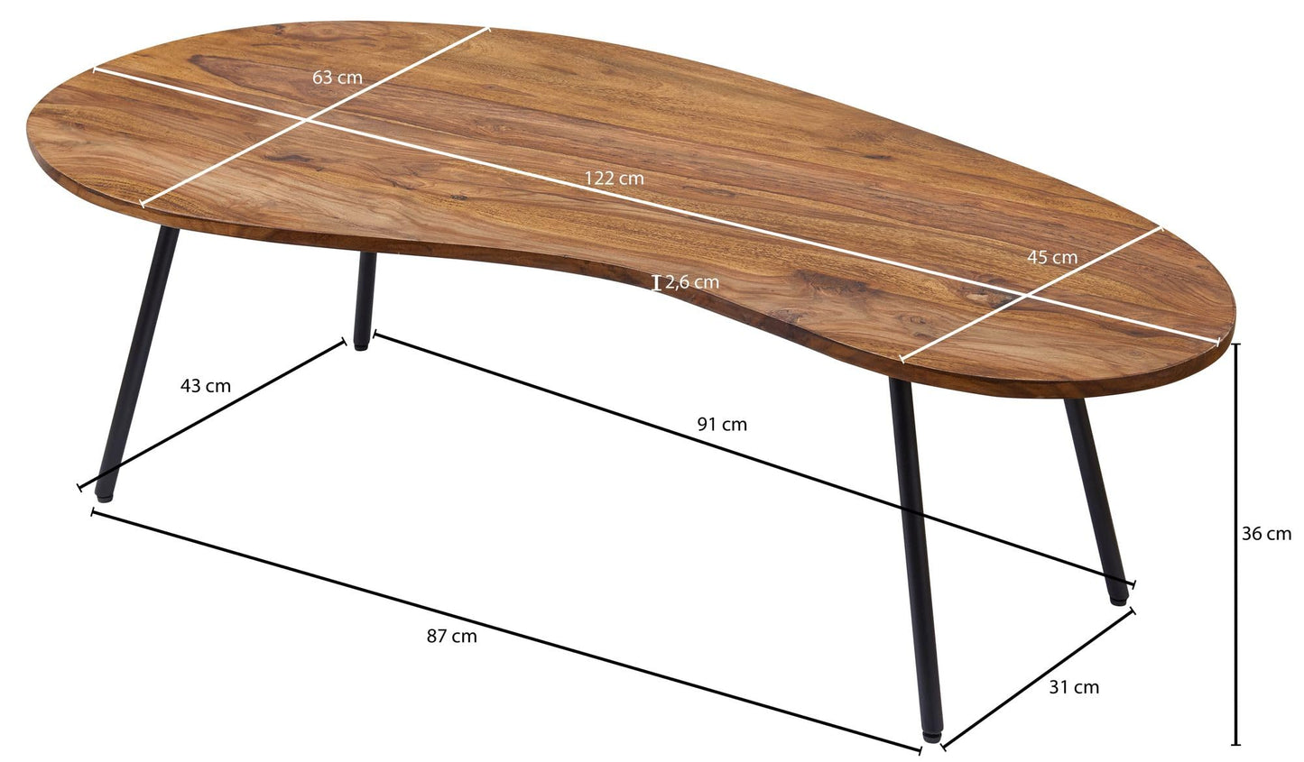 Table Basse Bois Massif Sheesham Table de Salon 122 x 36 x 63 cm | Table d'appoint Style rétro | Meubles en Bois Naturel Table de Sofa avec des Jambes en métal