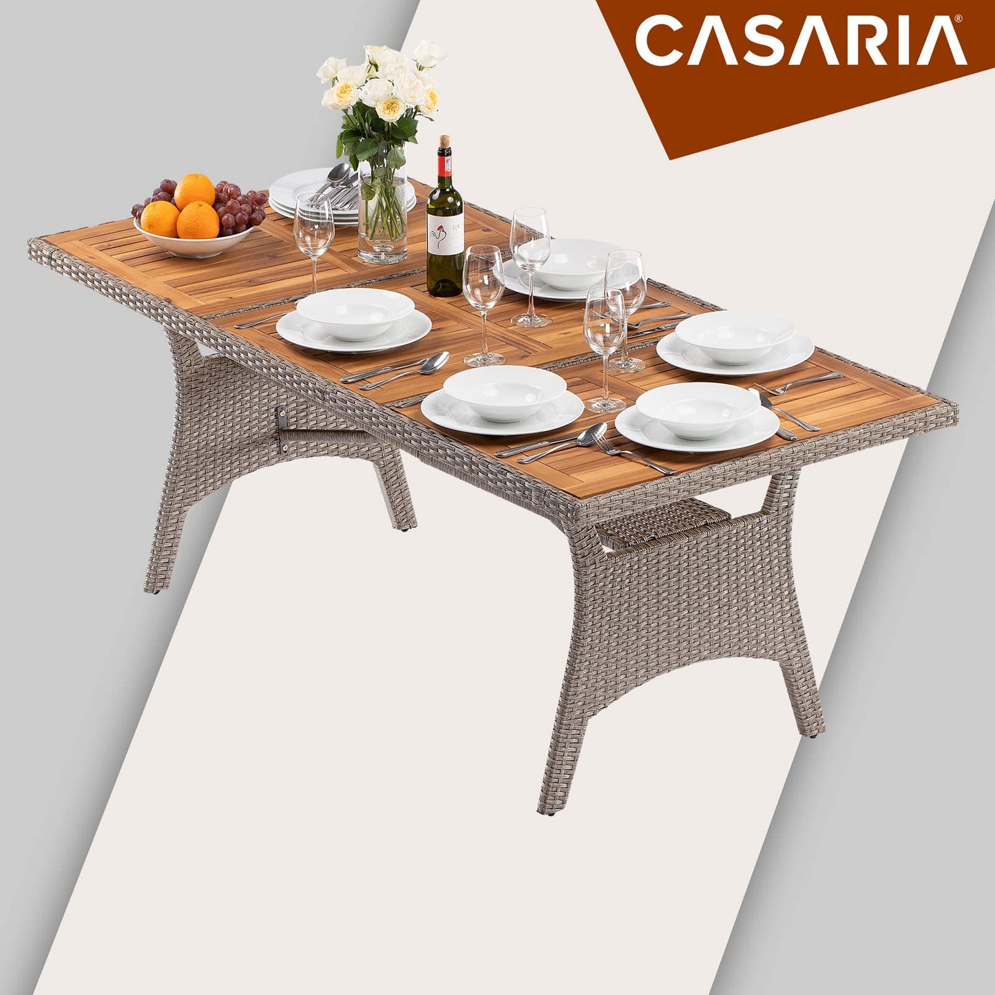 Table de Jardin polyrotin Crème 190x90x74 cm Plaque en Bois d'acacia pré-huilé réglable résistante intempéries