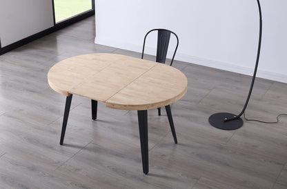 Table à Manger Ronde Extensible en Bois Coloris chêne Nordique Pieds Noir - diamètre 100-180 x Hauteur 76 cm