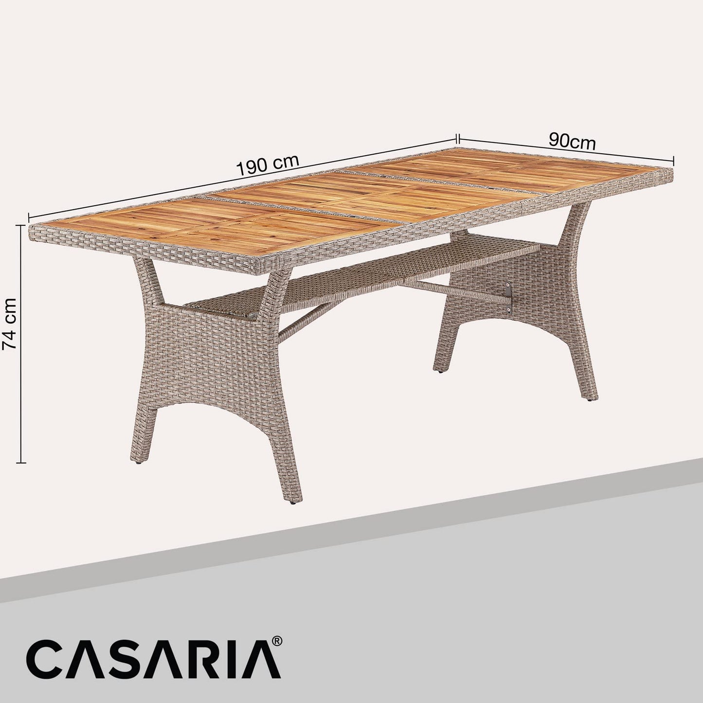 Table de Jardin polyrotin Crème 190x90x74 cm Plaque en Bois d'acacia pré-huilé réglable résistante intempéries