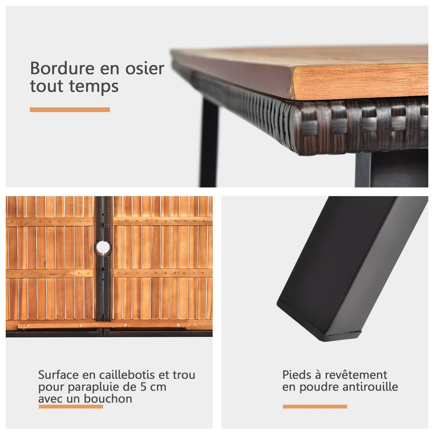 Table de Salle à Manger en Bois d’Acacia avec Trou de Parasol et Cadre en Fer Solide, Table de Jardin Idéal pour Terrasse Jardin Patio, 140x75x76CM, Naturel+Noir