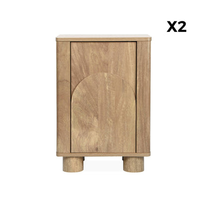 Lot de 2 Tables de Chevet Effet Bois de manguier et Pieds arrondis. 1 Porte et 1 étagère