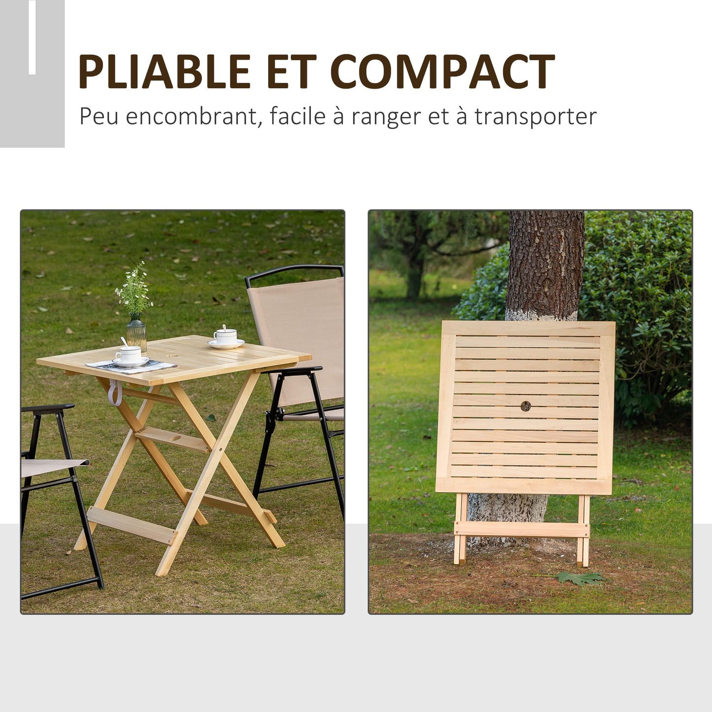 Table à Manger de Jardin Pliable Table Bistro carrée Table Patio terrasse avec Trou pour Parasol Bois de peuplier dim. 70L x 70l x 70H cm Naturel