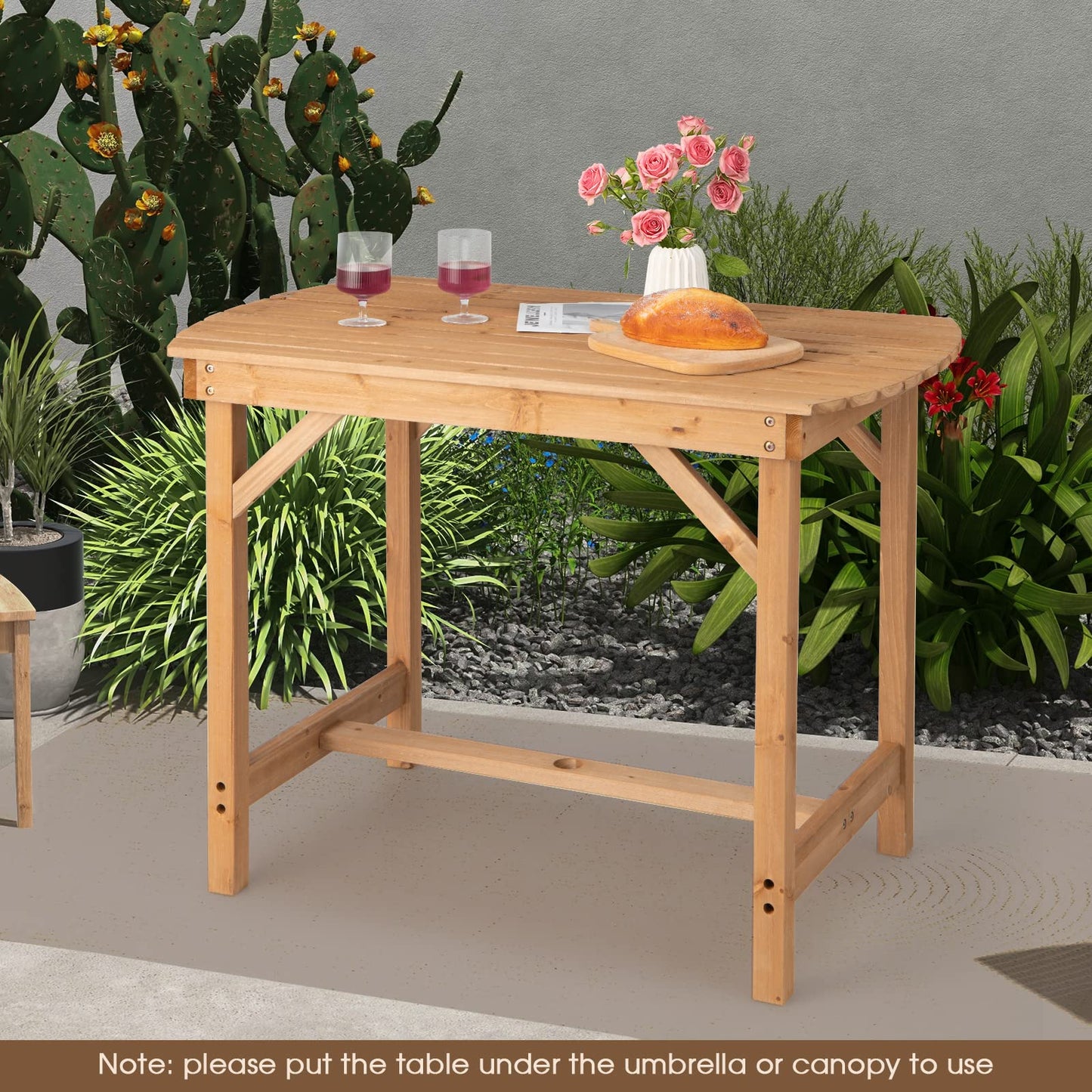 Table de Jardin pour 4-6 Personnes, Table d’Extérieur en Bois de Sapin avec Trou de Parasol, pour Patio, Balcon,Terrasse, Charge de 180 kg, 100 x 60,5 x 75 cm, Naturel