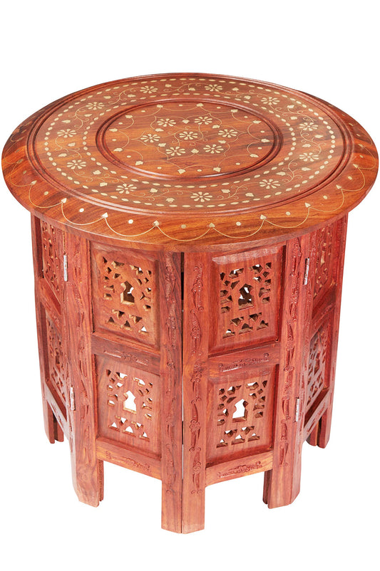 Table Basse Orientale Pliante en Bois Caglanur Marron 38cm Ronde | Table de Chevet d'appoint Marocaine | Guéridon Pliant démontable | Décoration de Salon de Maison en Design Indien marocain - TABLE BOIS