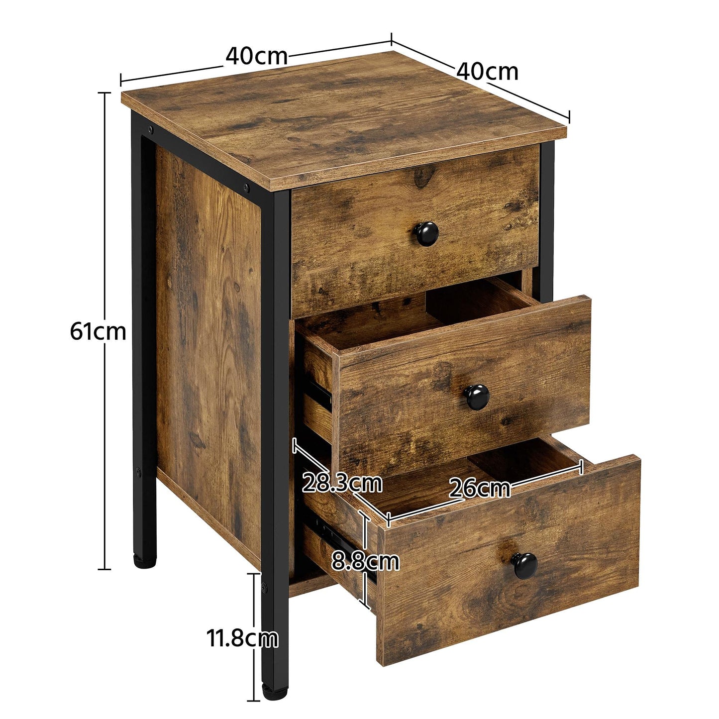 Table de Chevet Industrielle en Bois Table de Nuit Table d'Appoint Table de lit avec 3 Troirs pour Chambre Salon Bureau Cadre en Métal 40 × 40 × 61 cm Brun Rustique