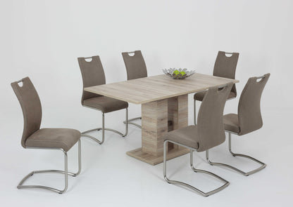 Table Coulissante Avec Piètement À Colonnes, Matériau Dérivé Du Bois Avec Revêtement En Mélamine, Décor Chêne San Remo, Extensible Avec Coulisse Synchrone 140-220 x 90 cm