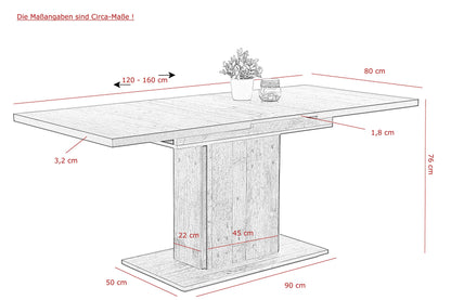 Table À Piètement En Colonne Pour Salle À Manger, Matériau Dérivé Du Bois Avec Revêtement En Mélamine, Décor Bois Vieilli, Extensible, 120-160 x 80 x 76 cm