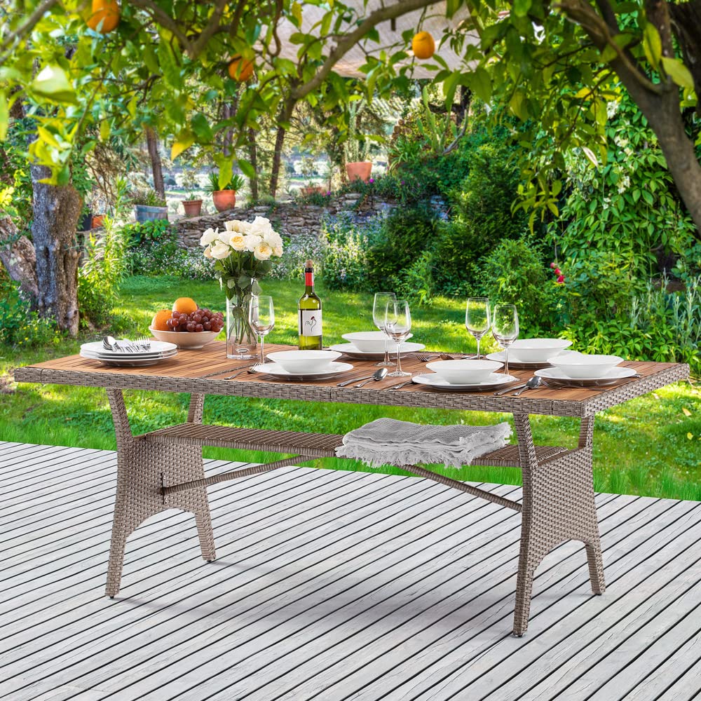 Table de Jardin polyrotin Crème 190x90x74 cm Plaque en Bois d'acacia pré-huilé réglable résistante intempéries