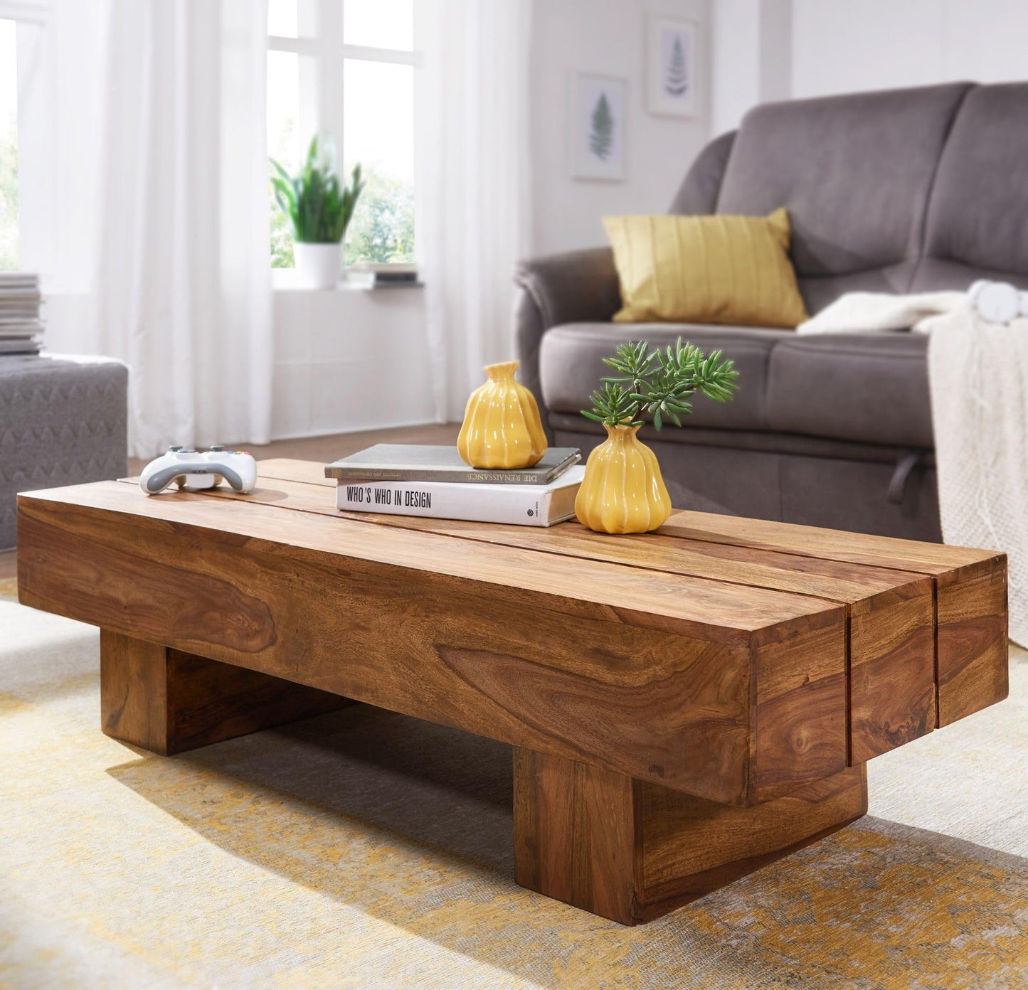 Table Basse Bois Massif Sheesham Table de Salon 120 x 30 x 45 cm | Table d'appoint Style Maison de Campagne | Meubles en Bois Massif Naturel Table de Sofa |