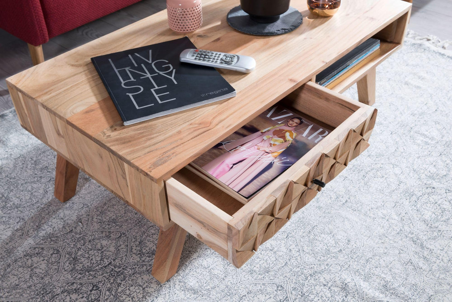 Table Basse Bois Massif Acacia Table de Salon 95 x 35 x 50 cm | Table d'appoint Style Maison de Campagne | Meubles en Bois Naturel Table de Sofa | Table en Bois Massif Meubles en Bois Massif