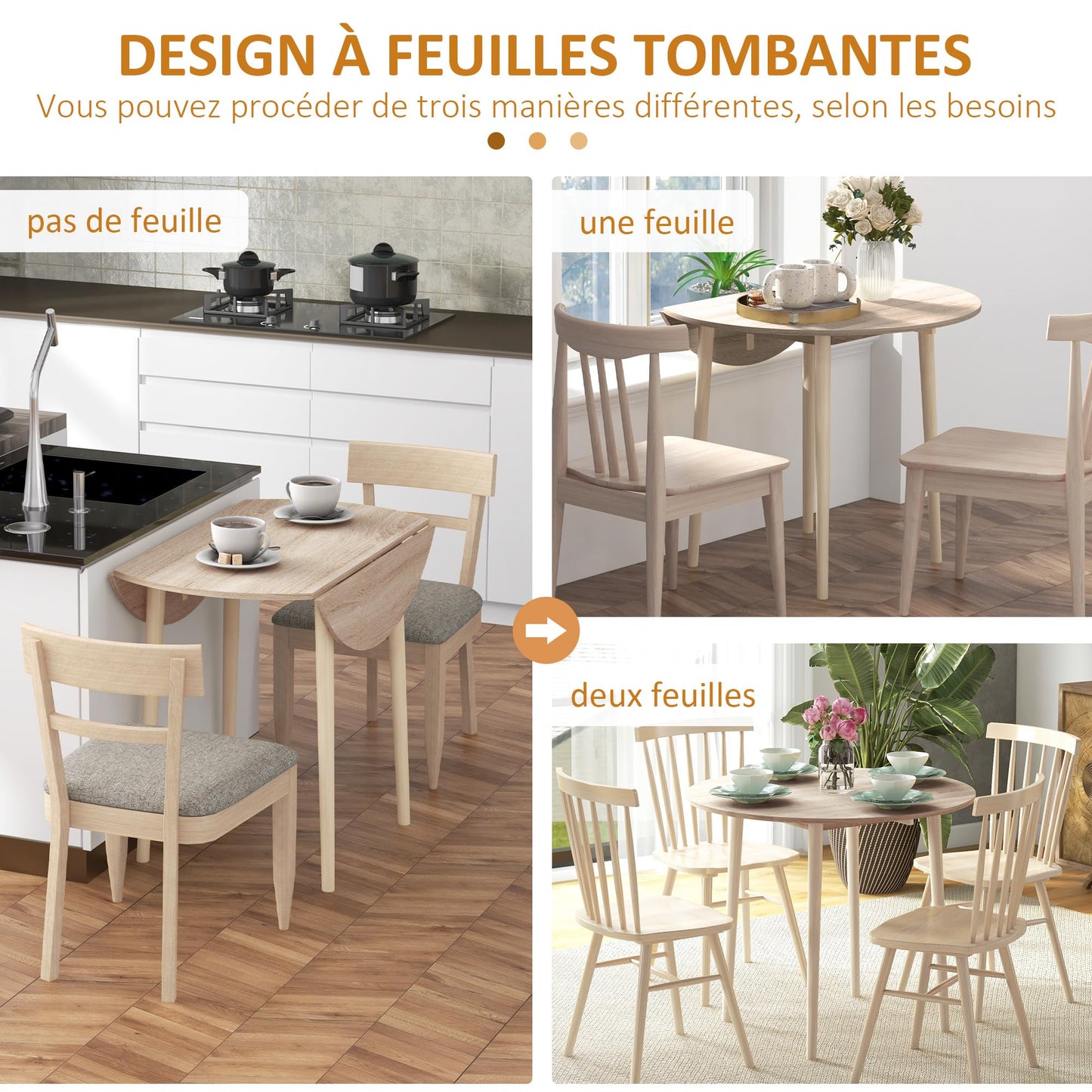 Table de Salle à Manger Pliante de Cuisine 2 abattants - Table Ronde Extensible - Peu encombrante avec Pieds en Bois Ø89 x 73,5H cm - TABLE BOIS