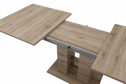 Table Coulissante Avec Piètement À Colonnes, Matériau Dérivé Du Bois Avec Revêtement En Mélamine, Décor Chêne San Remo, Extensible Avec Coulisse Synchrone 140-220 x 90 cm