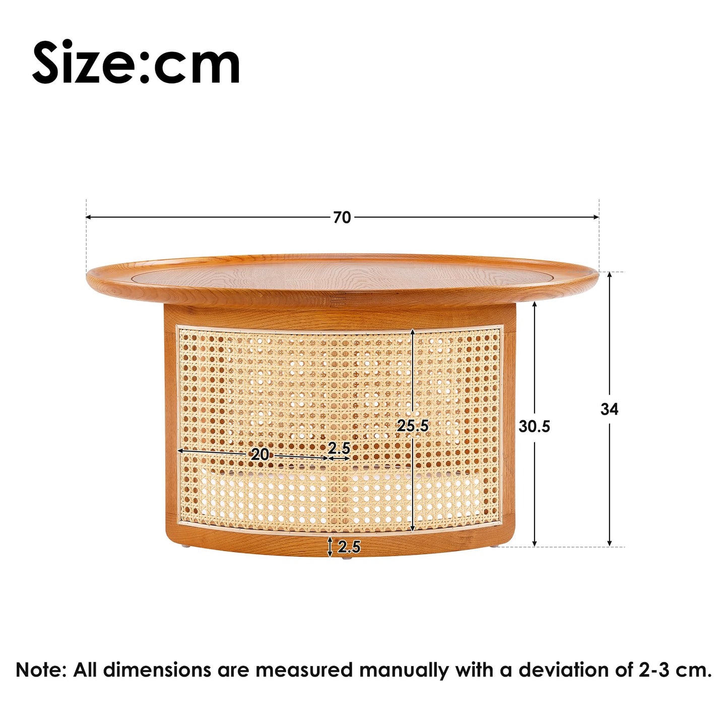 Table basse en bois massif de 70 cm de diamètre - Élégante table basse en chêne de qualité supérieure avec détails en rotin, table basse ronde avec structure en bois massif, très robuste et stable,