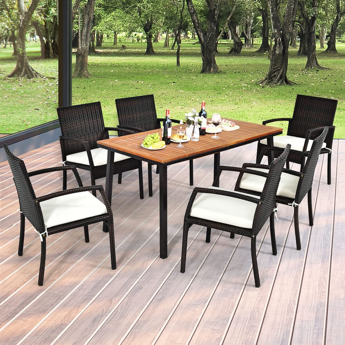 Table de Salle à Manger en Bois d’Acacia avec Trou de Parasol et Cadre en Fer Solide, Table de Jardin Idéal pour Terrasse Jardin Patio, 140x75x76CM, Naturel+Noir