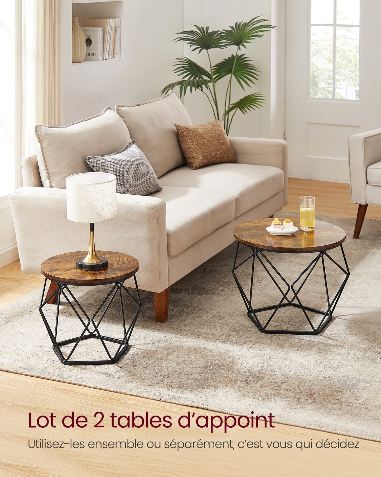 Table Basse Ronde, Lot de 2, Table d’Appoint, Bout de CanapÉ, Style Industriel, Plateau Amovible, Cadre en Acier, pour Salon, Marron Rustique et Noir LET040B01 - TABLE BOIS