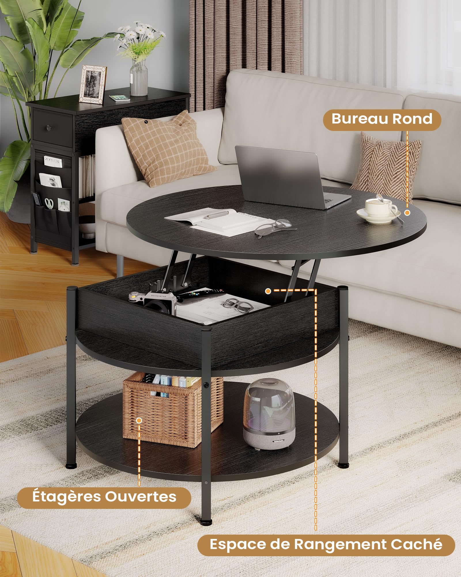 Table Basse Relevable, Table de Salon avec Compartiment Caché et Étagère de Rangement, Table Basse Plateau Relevable, Table à Manger Ronde en Bois, pour Salon, Bureau, Balcon, Noir - TABLE BOIS