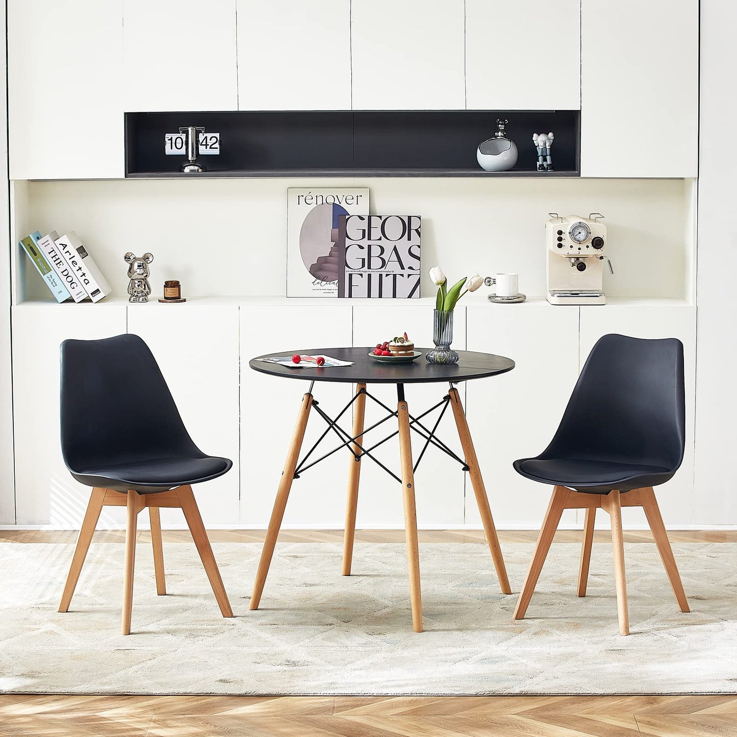 Table de Salle à Manger Scandinave Design Noir avec Jambes en hêtre 80 cm - TABLE BOIS