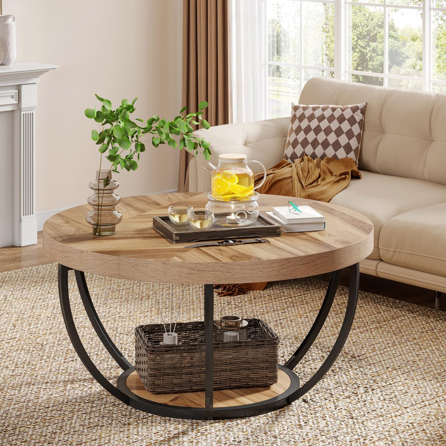 Table basse ronde de cocktail industrielle moderne à 2 niveaux avec étagères, table d'appoint de canapé circulaire avec pieds en métal pour le salon, la maison, grain de bois - TABLE BOIS