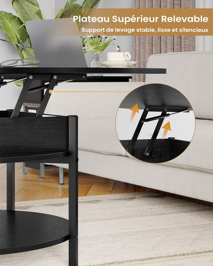 Table Basse Relevable, Table de Salon avec Compartiment Caché et Étagère de Rangement, Table Basse Plateau Relevable, Table à Manger Ronde en Bois, pour Salon, Bureau, Balcon, Noir - TABLE BOIS