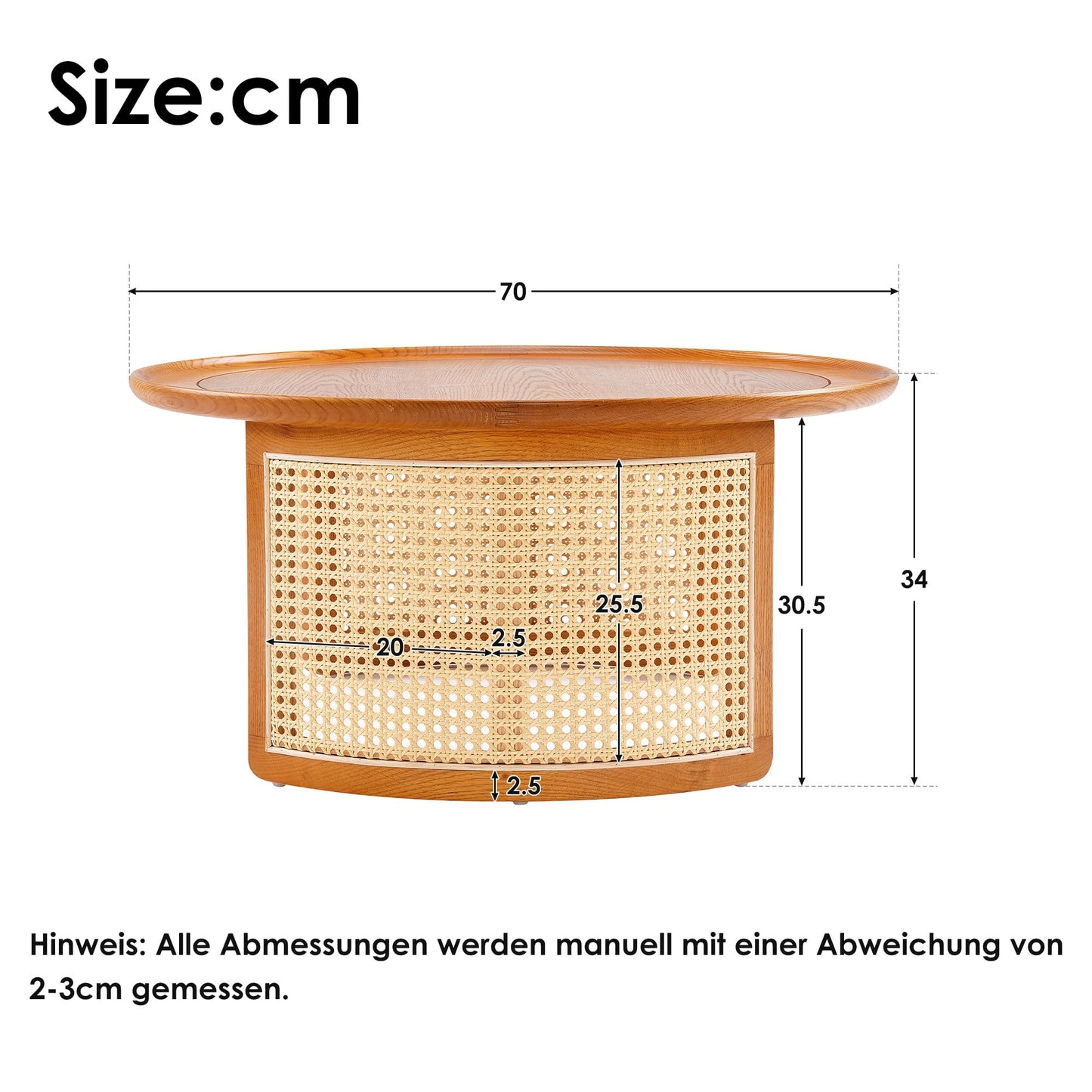 Table basse en bois massif de 70 cm de diamètre - Élégante table basse en chêne de qualité supérieure avec détails en rotin, table basse ronde avec structure en bois massif, très robuste et stable,