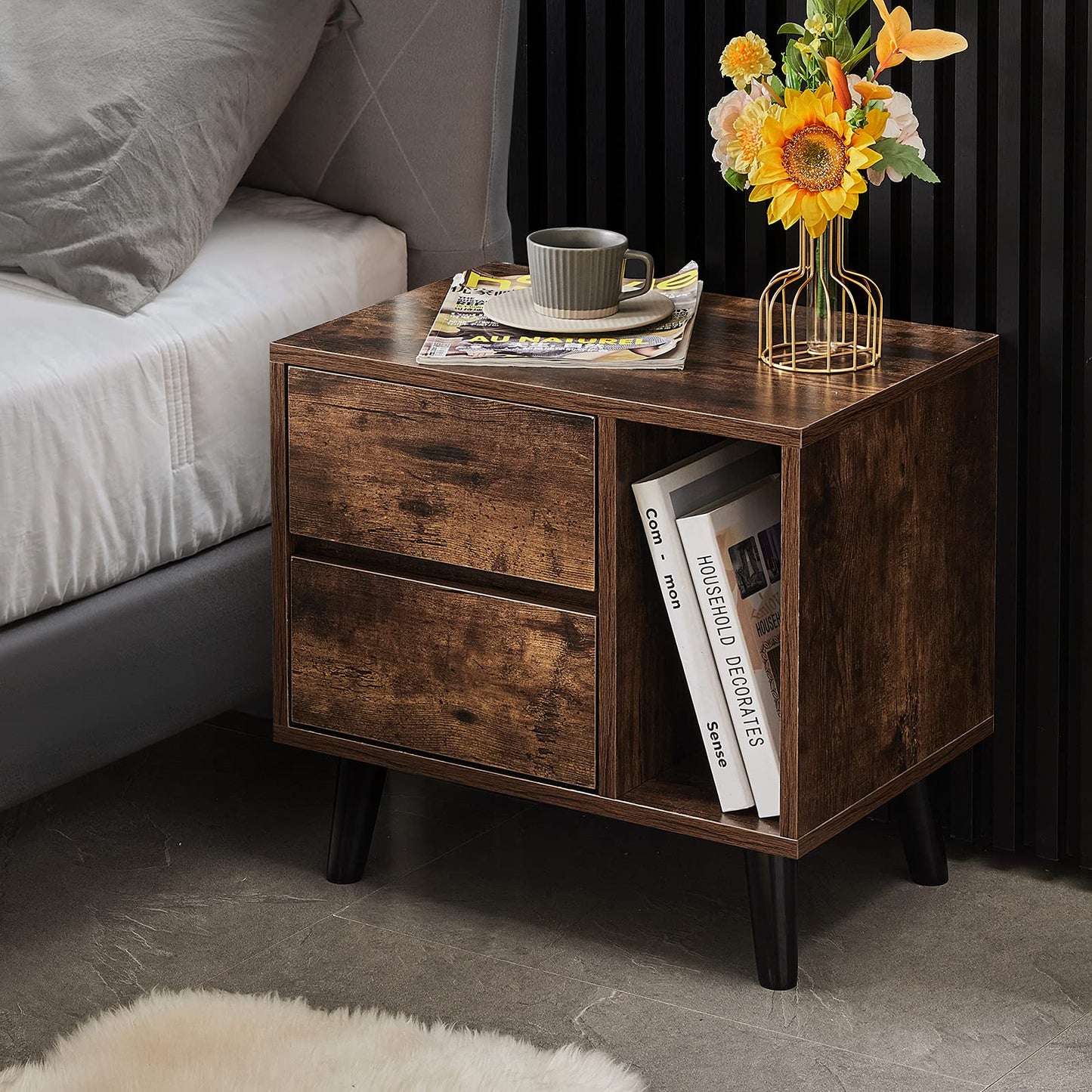 Table de Chevet avec 2 Tiroirs et 1 Étagère Ouverte, Table de Nuit avec Pieds en Bois, Meuble de Chevet pour Chambre (Marron)