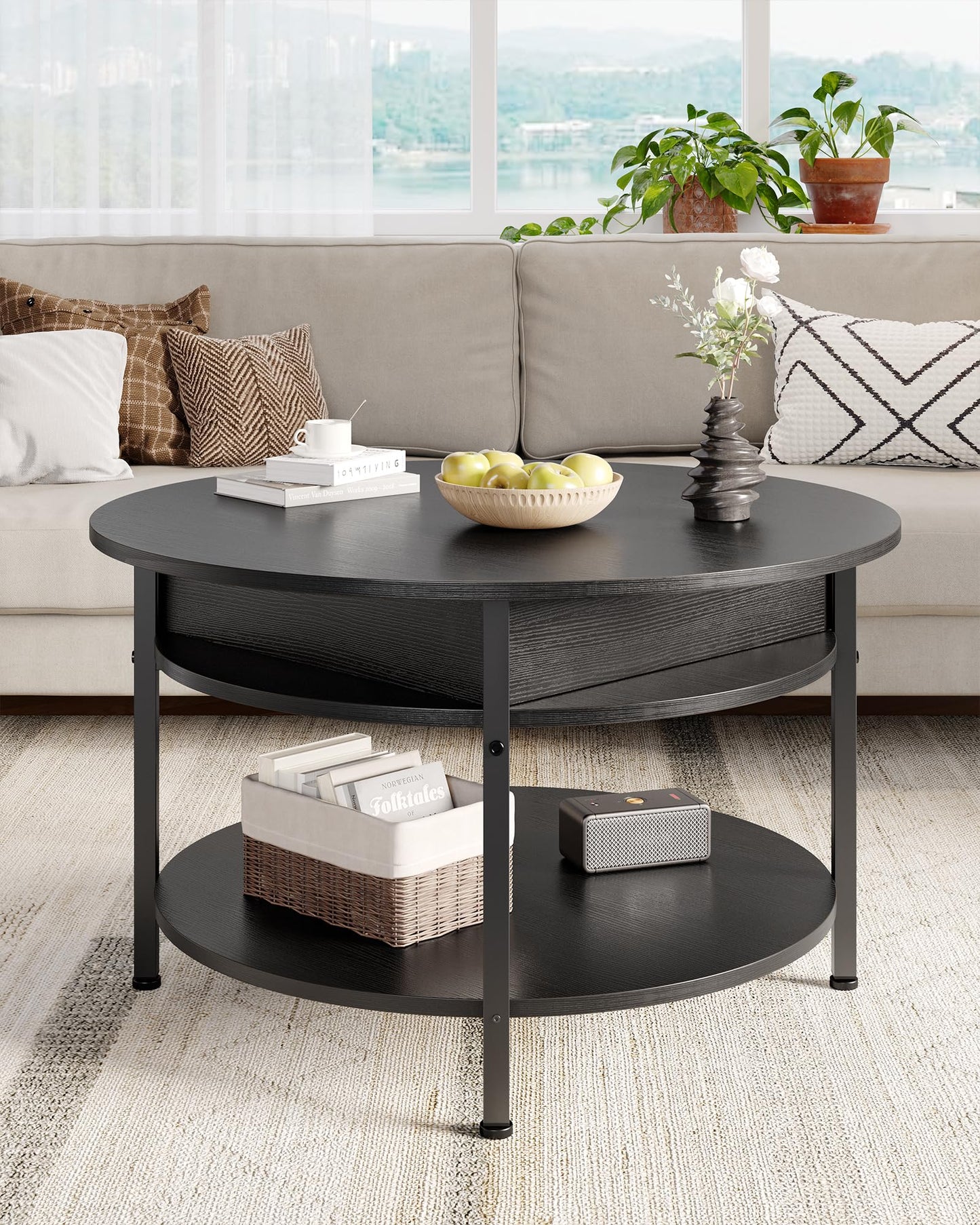 Table Basse Relevable, Table de Salon avec Compartiment Caché et Étagère de Rangement, Table Basse Plateau Relevable, Table à Manger Ronde en Bois, pour Salon, Bureau, Balcon, Noir - TABLE BOIS