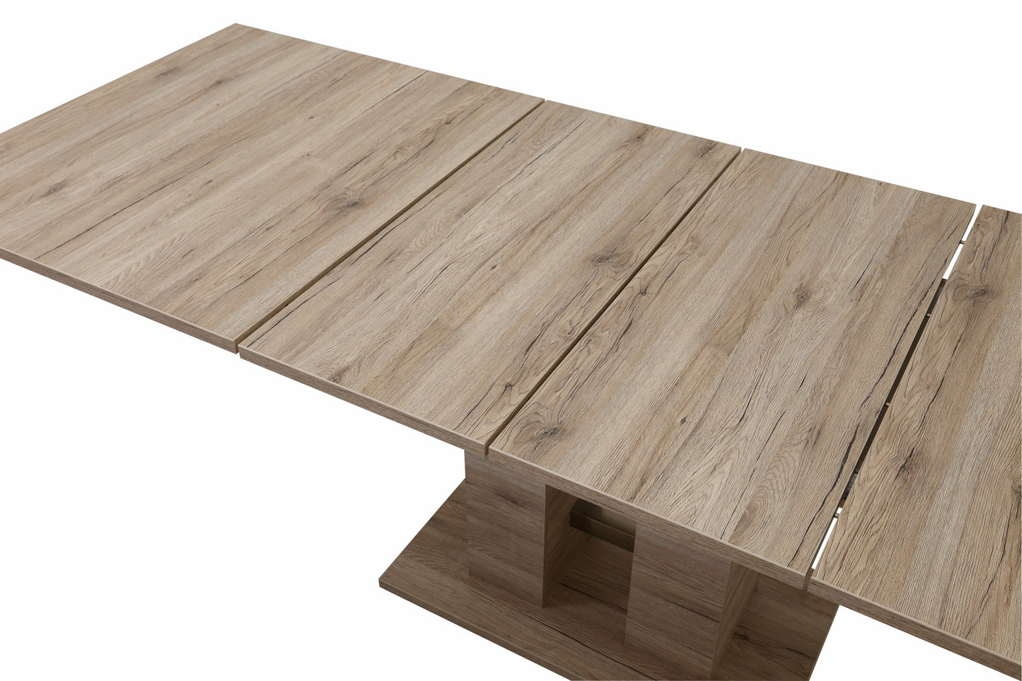 Table Coulissante Avec Piètement À Colonnes, Matériau Dérivé Du Bois Avec Revêtement En Mélamine, Décor Chêne San Remo, Extensible Avec Coulisse Synchrone 140-220 x 90 cm